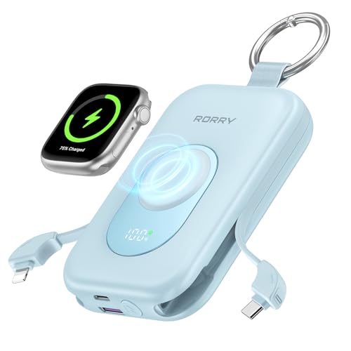 RORRY Portable Charger, 20000mAh PD 30W Portable Charger Power Bank with 2 Built-in Cables, Super Fast Charging Battery Pack with Keychain, Travel Essentials for iPhone, Apple Watch, iPad, B