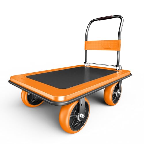 NiceyCare Foldable Platform Truck 500kg Capacity - 90×60CM Steel Push Cart with 20CM TPR Wheels, 3-Second Folding Hand Truck for Warehouses, Homes, Businesses | Space-Saving Transport Trolley, Orange
