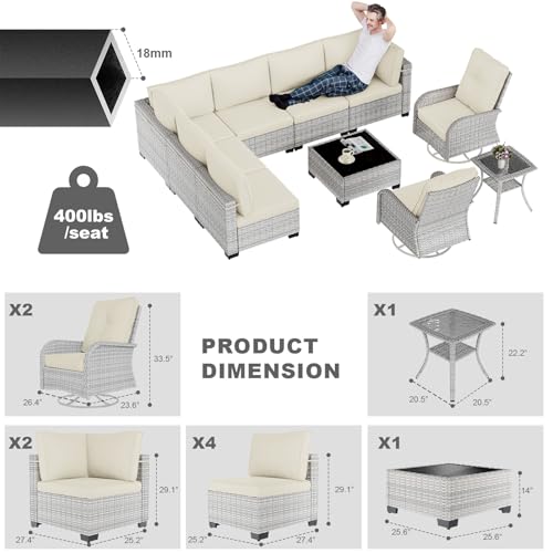 Image of Outdoor PE Wicker Rattan Modular Patio Sectional Sofa Set | 10-Piece: 6 Modular Seats, Coffee Table, 2 Swivel Rocking Chairs & Side Table, Ivory