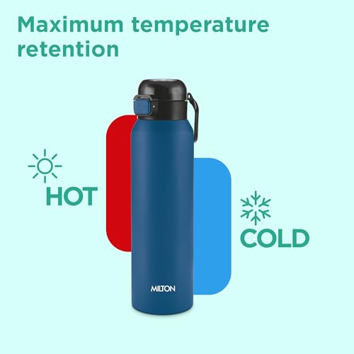Image of Milton Dual Flow 900 Thermosteel Water Bottle 900 ml with One Touch Safety Lock & Twin Lid Sip or Gulp,Long Hours Hot & Cold,Leak Proof,ISI Certified,Vacuum Insulated,for Office,Gym,School,Dark Blue