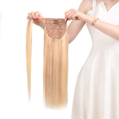 Winsky Ponytail Extension Real Human Hair - Brown with Blonde Hightlights 80gram Silky Straight Wrap Around Remy Clip in Ponytail Hair Piece for Women (16 Inch, 18-613)