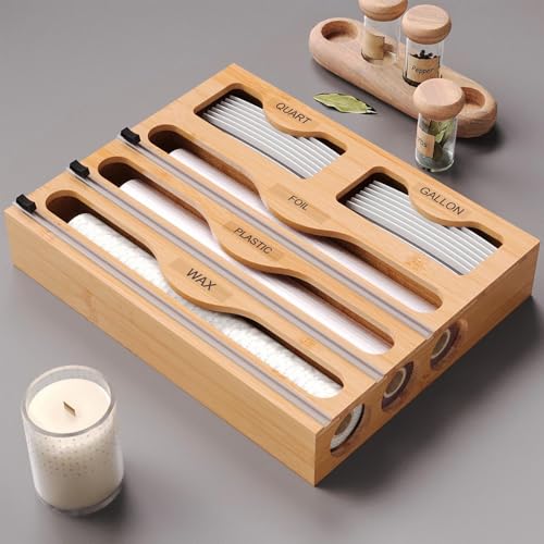Dispensador de film con cortador y organizador de papel de cocina en madera 3