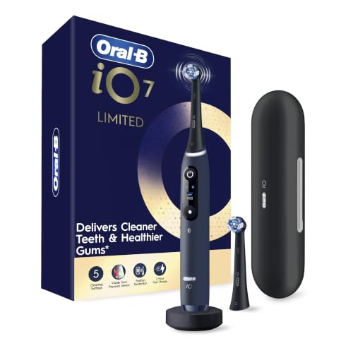 Image of Oral-B Rechargeable Electric Toothbrush, iO7 Limited Deep Clean + Protect, 5 Cleaning Modes, Interactive Display, Visible Pressure Sensor, 2 Brush Heads, Charging Travel Case, Sapphire Blue