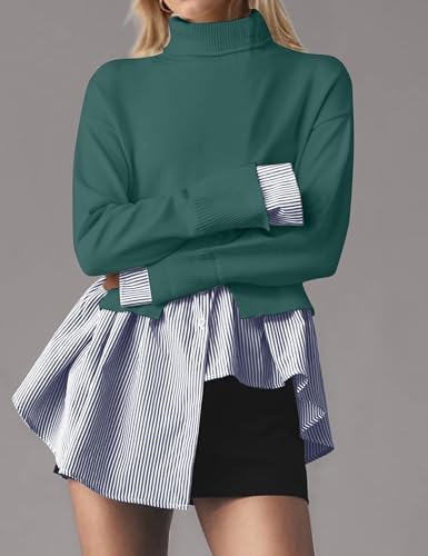 Image of MISSACTIVER Women Slit Turtleneck Patchwork Sweater 2 in 1 Buttons Down Pullover Knit Sweater Asymmetrical Hem Shirt Top