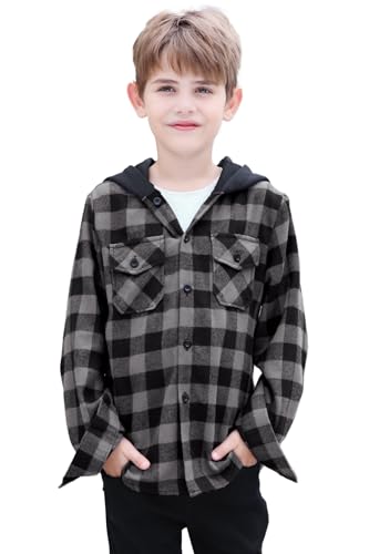 Cromoncent Boys and Mens Long Sleeve Hoodie Jacket Plaid Button Down Flannel Shirt Jacket3