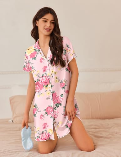 Image of Ekouaer Nightgowns for Women Button Down Sleep Shirt Short Sleeve Sleepwear