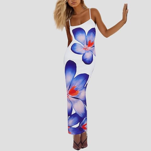 Image of Womens Summer Casual Floral Dresses Spaghetti Strap Bodycon Maxi Beach Dress Elegant Evening Party Long Dresses (US, Alpha, Medium, Regular, Regular, Purple)