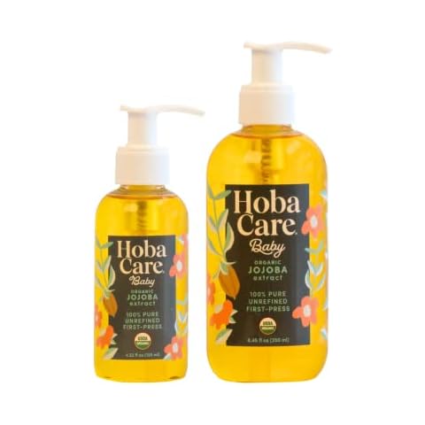 HobaCare Baby Organic Jojoba Oil - 100% Pure Jojoba Oil, Unrefined Cold Pressed for Skin & Scalp - Moisturizing Body Oil for Dry Skin, Natural Hair Oil for Women, Kids & Babies 8.45 oz + 4.22 oz Cover