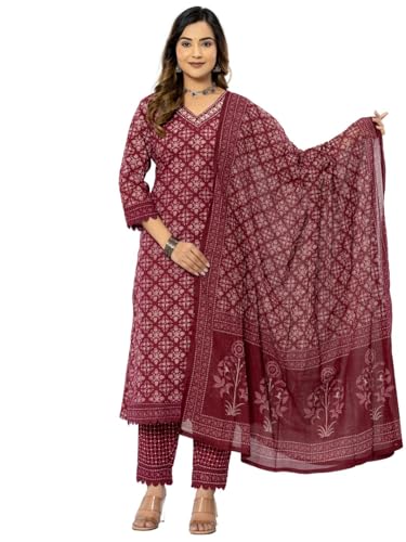Image of Amayra Women's Cotton Printed Straight Kurta with Pant and Dupatta Set