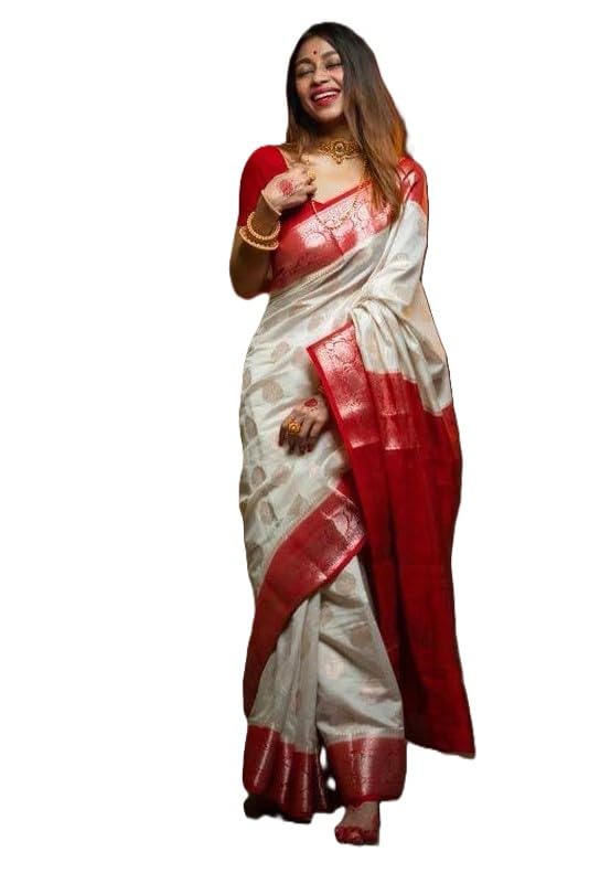 White Red Banarasi Silk Blend Saree for Women | Traditional Zari Woven Wedding Ethnic Saree with Blouse Piece-image-24