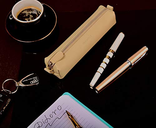 Image of DiLoro Leather Zippered Fountain Ballpoint Rollerball Pens and Pencils Case Holder Pouch Genuine Full Grain Soft Nappa Leather (Beige)