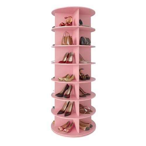 SpaceAid 7 Tier Rotating Shoe Rack Tower, Spinning Shoe Display Lazy Susan, Revolving 360 Shoe Rack Storage Round Carousel, Vertical Handbag Rotate Shoes Closet Organization (7-Tier Pink)