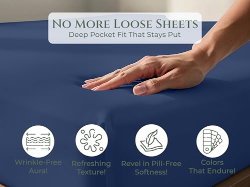 Image of Royale Linens 100% Organic Cotton King Fitted Sheet Only - Percale Weave - Super Soft Deep Pocket Bottom Sheets - Navy Elastic Sheet - King Size Fitted Sheets Only - (78 inchx80 inch+15 inch, Navy)