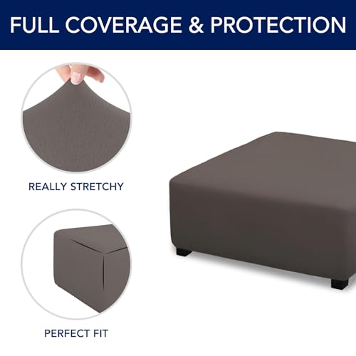 Image of PureFit Stretch Square Ottoman Cover 40x40x15 Footstool Cover, Taupe | Fleece Large Ottoman Slipcovers Soft Form Fit Square Slipcover for Folding Storage with Nonslip Elastic Bottom
