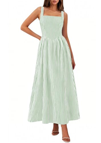 PRETTYGARDEN Women's Maxi Dress Summer Striped Sundress 2026 Spring Smocked A Line Long Flowy Beach Vacation Party Dresses (Green Striped,Medium)
