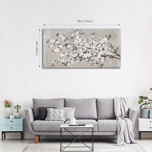 Image of VEAEE White Blossom Branches Wall Art, Floral Canvas Prints, Living Room Decor Abstract Flowers Painting Canvas Pictues, Contemporary Artwork Bedroom Office Kitchen Wall Decor Ready to Hang 24 inchx48 inch