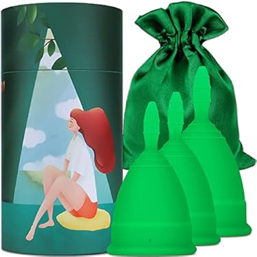 AMAZON - Menstrual Cup, Set of 3 Reusable Period Cups, Soft Silicone BPA Free Menstral Cup, First Period Cup Kit for Girls & Women, Feminine Hygiene Product, Light to Heavy Flow, with Storage Bag(Green.2S+1L)