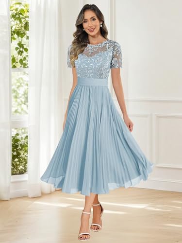 VCCICANY Tea Length Mother of The Bride Dresses for Women Chiffon Lace Short Sleeve Formal Evening Gowns4