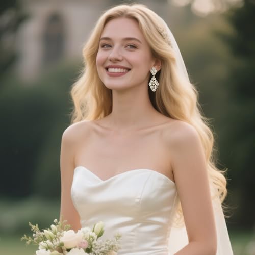 BriLove Wedding Bridal Simulated Pearl Earrings for Women Crystal Hollow Rhombus Chandelier Dangle Jewelry Ivory Color Gold-Plated-Base2