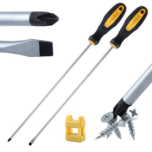 LEONTOOL Jeu de 2 tournevis longs de 12 po, tournevis plat et cruciforme, tournevis magnétique étendu avec magnétiseur, démagnétiseur
