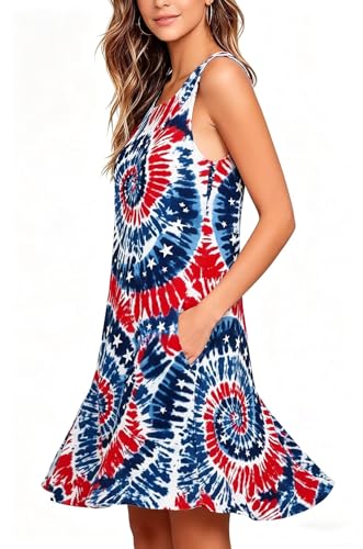 Image of Roshop Womens Juneteenth Flag Sleeveless Dress 4th of July Patriotic Swing Sundress with Pockets