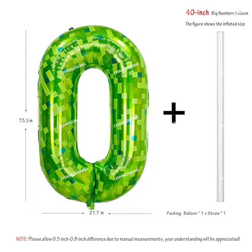 Image of 40 inch giant Green pixel miner game number 0 balloon | Large mining theme foil balloon 0-9 for pixel game parties children's birthdays party anniversary baby shower decoration