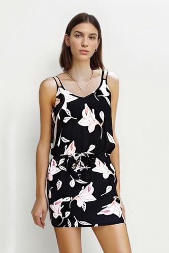 Image of Women's Summer Dresses Casual Drawstring Dresses Sleeveless Halter Dresses Crew Neck Short Dress for Women
