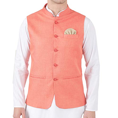 Image of TAHVO Men's Nehru Jacket /Waistcoat /Modi Jacket Cotton Fabric /Men 's 5 Button Nehru Jacket with Hanky Kurta Set