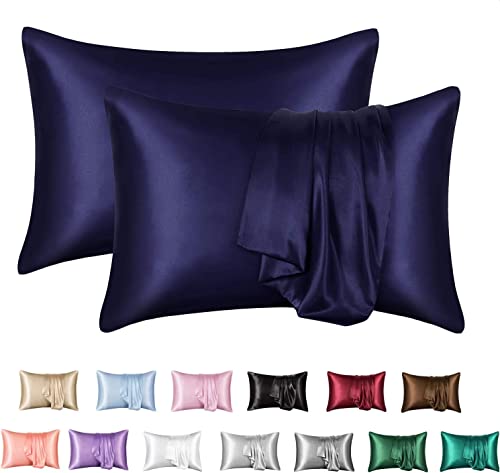 SKS Linen Mulberry Silk 6A Graded (19 Momme) Pillow Shams with Envelope Closure Sateen Weave 2 PCs by (Queen 20'' x 30'', Navy)