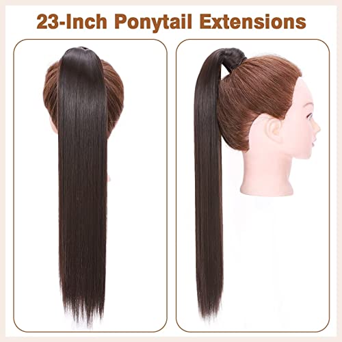 TESS Clip In Ponytail Hair Extensions Brown 23 Inches, 4A Dark Brown Straight Hair Extensions Clip In Ponytail 90g Fake Extension - Image 4