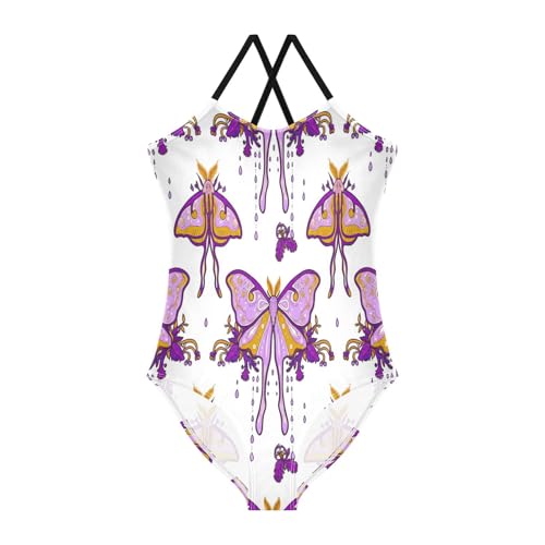 Purple Moth White Kids Swim Suit with Adjustable Shoulder Strap, Beach Swimsuit Girls, 3-10