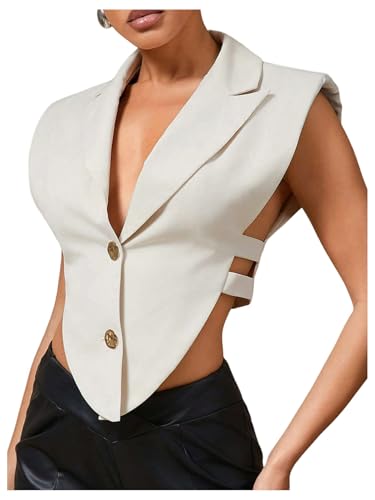 WDIRARA Women's Button Down Shoulder Pad Asymmetrical Tank Top Lapel Neck Sleeveless Suit Vest