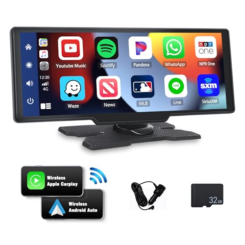 CAMECHO Wireless Apple Carplay Portable Car Stereo Android Auto, 10.26 Inch HD IPS Touch Screen Carplay Screen for Car, Portable Radio Receiver with Voice Control GPS Bluetooth FM AUX 32G TF Card