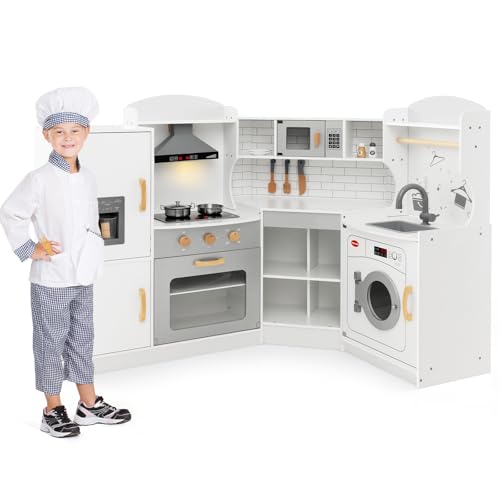 Costzon Corner Kids Kitchen Playset, Wooden Play Kitchen with Sounds