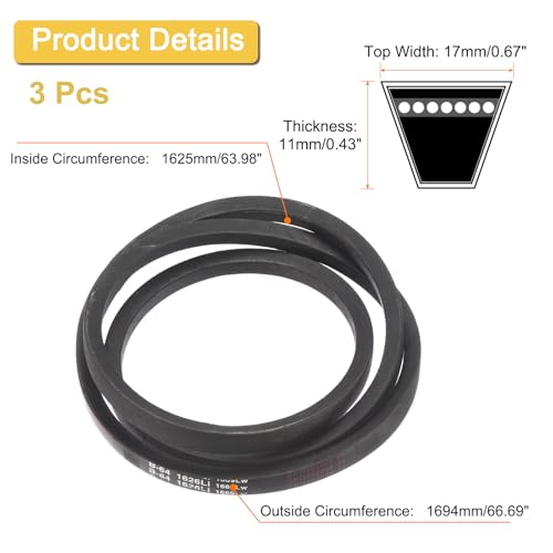 Image of uxcell 3 Pack B64 Classic Wrapped V-Belt, 67 inch Outside Circumference, Black Industrial Rubber V-Belt