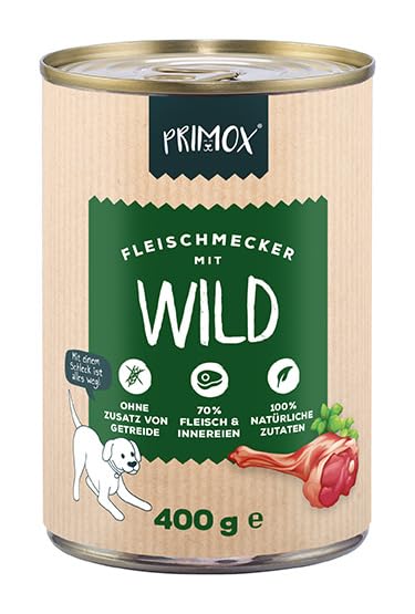 PRIMOX® Fleischmecker Hunde-Nassfutter | Getreidefrei | 70% Fleisch & Innereien | Made in Germany & 100% Natürlich | Omega-3 für Haut & Fell | Gluten- & Laktosefrei (Wild, 6x400 g)