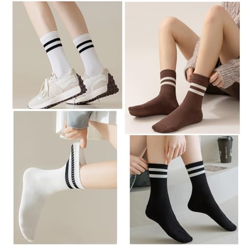 Image of Deeorla Womens Striped Crew Socks Brown Vintage Retro Athletic Socks 5 Pairs