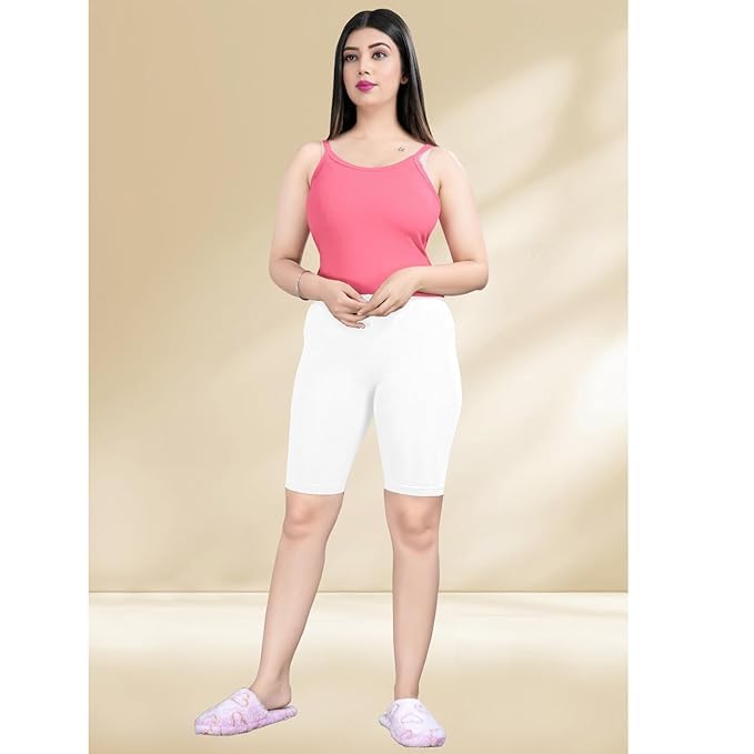 Image of Cycling Shorts for Women's - High Waist Knee Length Inner Shorts | Super Combed Cotton Stretch | Breathable & Comfortable for Workouts, Casual, Nightwear & Everyday Use