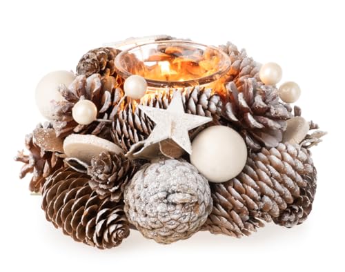 itsisa Adventsgesteck mit Zapfen, Stern, Kugel und Teelichtglas D:18...