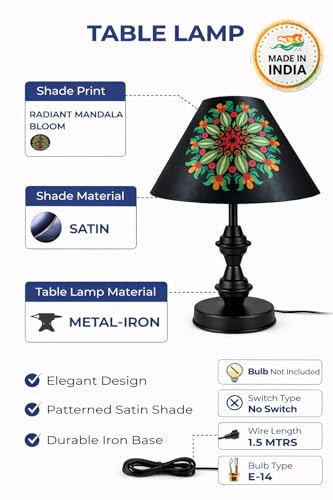 Image of tu casa Modern Table Lamp with Crimson Floral Satin Shade | Metal Iron Base Decorative lamp for Living Room| Study & Home Decor, Designer Table Lamp for Gifting (Radiant Mandala Bloom)
