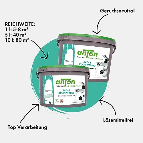 Anton Bad- und Küchenfarbe | Frische Weiss | Spezialfarbe | Direkt auf Schimmel mit Sofortwirkung & Vorbeugung | deckt beim ersten Anstrich (1 Liter 6-8m2)