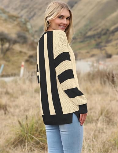 Image of Zeagoo Women 2026 Fall Lightweight Oversized Sweater Crew Neck Long Sleeve Color Block Pullover Rib Knit Blouse Tops XS-2XL