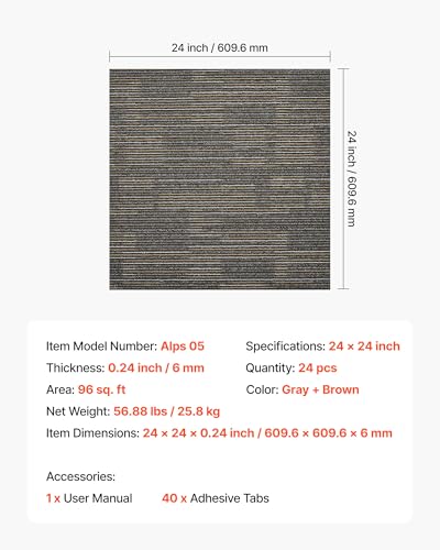 Image of VEVOR Carpet Tiles Reusable 24x24 inch, 24 PCS Modular Carpet Square Rug, Commercial Floor Soft Padded for Seamless Cover 96sq.ft, Easy DIY for Living Room Bedroom Office Indoor,Gray & Brown