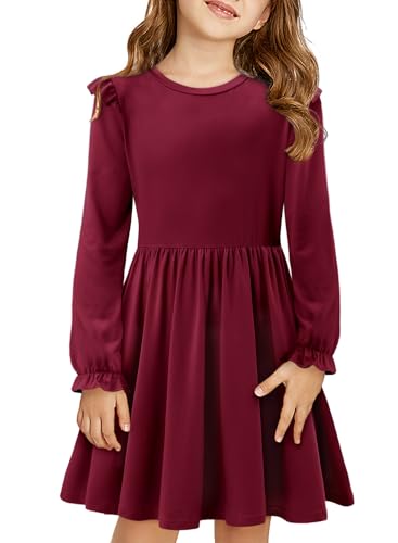 Yoklass Girls Long Sleeve Dress Casual A Line Ruffle Twirly Skater Dresses 4-13 Years
