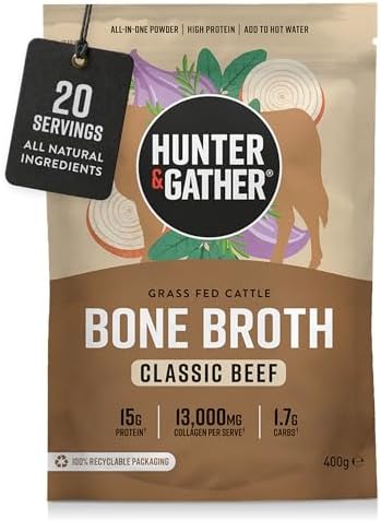 Hunter & Gather Rinder-Knochenbrühe-Pulver | 15g Protein | Kollagen aus europäischem Weide-Rind | Sofortiges herzhafte Getränk oder Koch-Upgrade | Keine Kühlung nötig | Glutenfrei