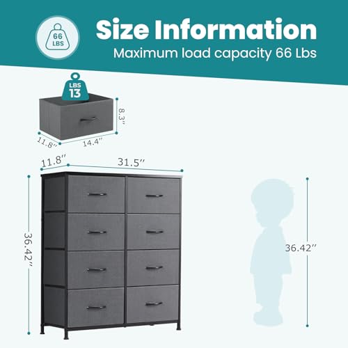 DUMOS 8 Drawer Dresser for Bedroom, Fabric Storage Organizer with Sturdy Metal Frame, Wooden Top Chest of Drawers for Closet Entryway Guest Room, Grey by DUMOS - Image 7