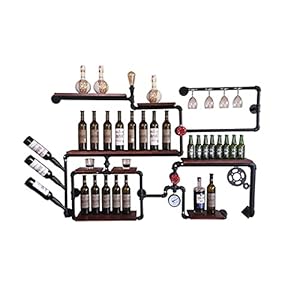 FCXBQ Casiers à vin industriels Tuyau Mural Porte-Verre en Fer 28 Bouteilles Accessoires de vin Suspendus en métal Rustique Rangement pour Bouteilles Étagères en Bois Rangement Mural pour Salon CU