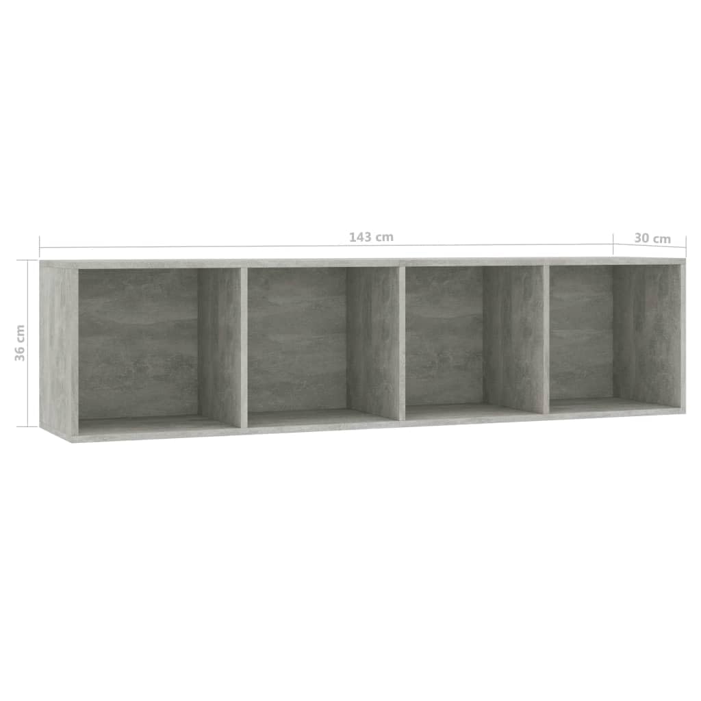 Biblioteka 4 przegródki drewniane Ingenierie Grey Beton 143x30x36 cm | Uniwersalna półka ścienna, przechowywanie książek DVD, łatwe do czyszczenia, montaż w zestawie