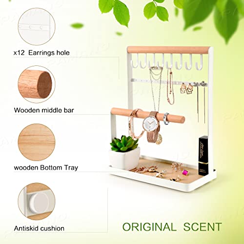 Pamano Jewelry Organizer Necklace Stand Holder, 4-Tier Hanging Wooden Ring Earring Tray, 8 Hooks Necklaces Storage 12 Earring Holes, Bracelets, Rings & Watches Display On Desk Tabletop - White #TOP2