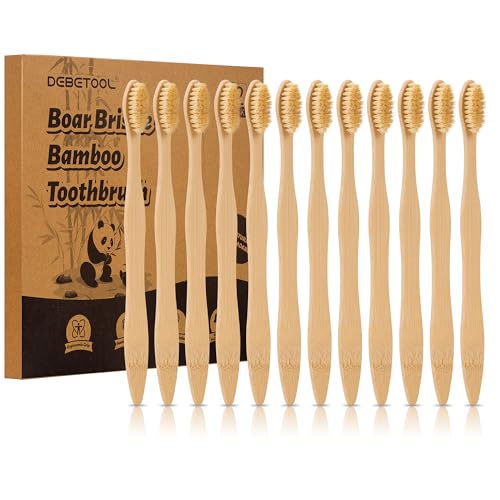 DEBETOOL 12 Pack Bamboo Toothbrushes - Natural Boar Bristle Toothbrush for Gum Health & Teeth Whitening Wooden Organic Toothbrushes for Adults (Plastic Free)
